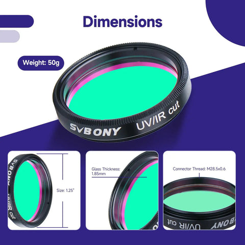 1.25 Inch UV IR Cut Telescope Filter with dimensions and specifications for DSLR CCD WebCam astrophotography