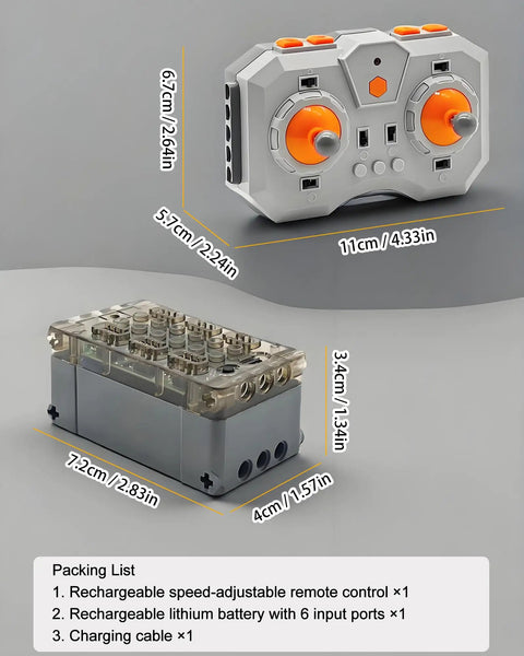 Power Functions RC Kit For Technic Builds, 6 channel rechargeable remote and lithium battery box with size details