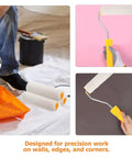 15 Piece Mini 4 Inch Paint Roller Kit For Precision Corner Painting And Narrow Edges Featuring Durable Cotton Covers Ideal For Small Wall Touch Ups, showing cotton rollers and painting setup.