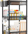 Three Tier Rolling Metal Cart With Wheels For Home Office Craft Kitchen Bedside Storage Dope Utility Cart With Hanging Cups Hooks And Mesh Basket Heavy Duty Black 110 Lbs Capacity, holding various office supplies.