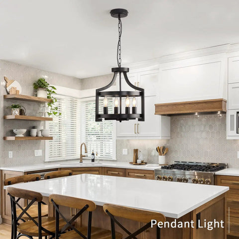 Farmhouse Rustic Black Pendant Light Chandelier, Adjustable Metal Lantern Ceiling Fixture For Kitchen Island, Dining Room, Living Room, Bedroom, Foyer And Entryway, Modern Farmhouse Lighting With Cozy Vibe