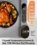 Roll Up Food Warmer Mat With 15W Wireless Charger showing turkey, 7 temperature levels panel, heating tray, grey color