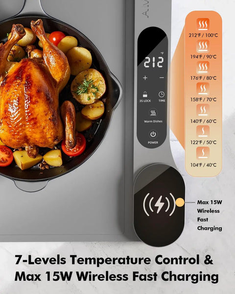 Roll Up Food Warmer Mat With 15W Wireless Charger showing turkey, 7 temperature levels panel, heating tray, grey color
