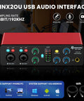 Red 4 In 2 Out USB Audio Interface with 48V Phantom Power 24Bit 192kHz Recording Quality for Home Studio and Podcasting