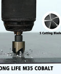 Five Piece Step Drill Bit Set For Metal With Titanium Coating Includes Five Step Bits Ranging From Small To Large Plus Five Countersink Bits Center Punch And Aluminum Case Replacing Fifty Traditional Drill Bits For DIY Projects And Home Repairs close-up of drill cutting metal with shavings