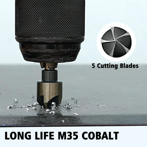 Five Piece Step Drill Bit Set For Metal With Titanium Coating Includes Five Step Bits Ranging From Small To Large Plus Five Countersink Bits Center Punch And Aluminum Case Replacing Fifty Traditional Drill Bits For DIY Projects And Home Repairs close-up of drill cutting metal with shavings