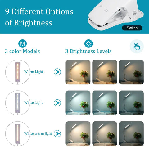 Clip On Reading Light With USB Rechargeable Power Eye Protection 24 LED showing 9 brightness options and flexible neck design.