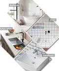 Four images depicting bathtubs, kitchen sinks, drains, and handbasins showcasing versatility of Six Size Rubber Sink Stoppers With Pull Ring Universal Fit Drain Plugs.