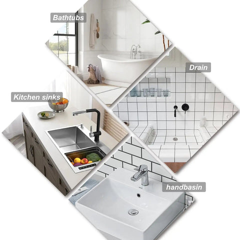 Four images depicting bathtubs, kitchen sinks, drains, and handbasins showcasing versatility of Six Size Rubber Sink Stoppers With Pull Ring Universal Fit Drain Plugs.
