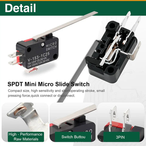 Heavy Duty Micro Limit Switch With Long Hinge Lever SPDT 1NO 1NC 15A 125 To 250VAC V-153-1C25 Compact Industrial Switch