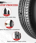 Top Shelf 60 Piece Tire Repair Screws Kit Two Sizes Tough As Nails Car Plugs For Quick Puncture Fixes On Truck Suv And Motorcycle Premium Carbon Steel And Rubber Build Roadside Reliable Gear 3-step repair process with tire and plugs.