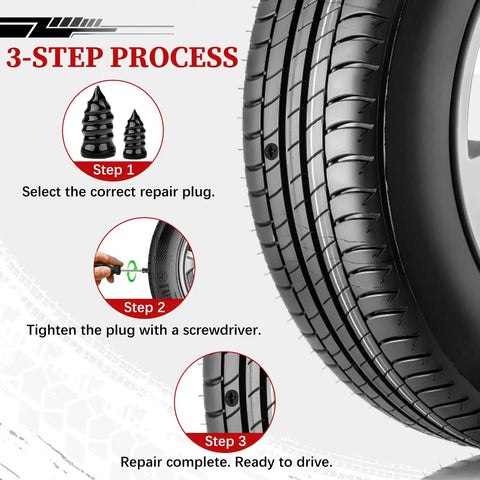 Top Shelf 60 Piece Tire Repair Screws Kit Two Sizes Tough As Nails Car Plugs For Quick Puncture Fixes On Truck Suv And Motorcycle Premium Carbon Steel And Rubber Build Roadside Reliable Gear 3-step repair process with tire and plugs.
