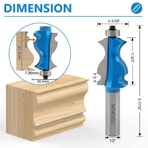 Architectural Molding Router Bit Set, Half Inch Shank, detailed dimensions with wood cut example