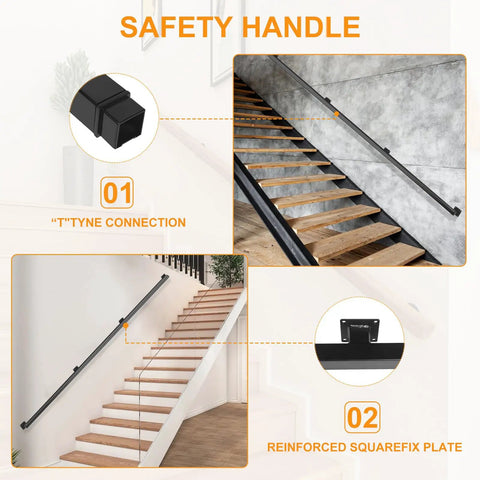 Rock Solid 15 Feet Square Tube Handrail Wall Mount Industrial Staircase Rail For Indoor Outdoor Steps Matte Black Cast Iron Grab Handle with T-tyne connection on wooden stairs.