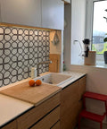 Modern kitchen with Cream Glossy White Peel And Stick Backsplash Tiles With Floral Design above wooden countertop and sink