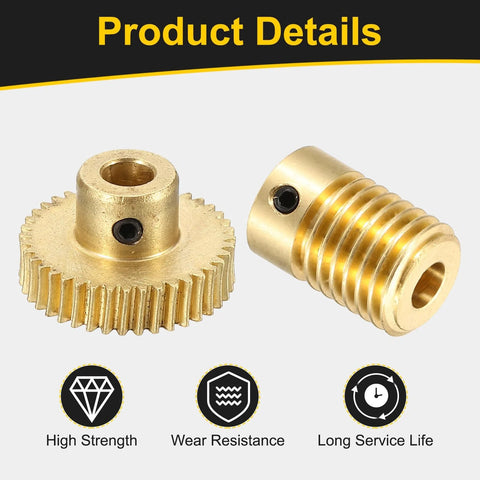 Front view of two brass gears: 40-tooth gear with 5mm bore and matching brass worm gear with 5mm bore