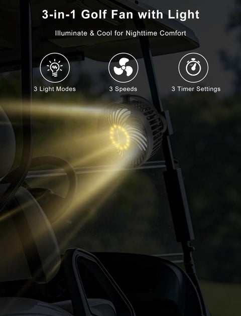 Rechargeable Magnetic Golf Cart Fan With Light And 12000mAh Battery Dual Magnet Base installed on a golf cart