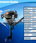6HP 4-Stroke Outboard Motor For Small Boats, 140cc Short Shaft With Tiller, Air-Cooled, parameter display chart and engine specs