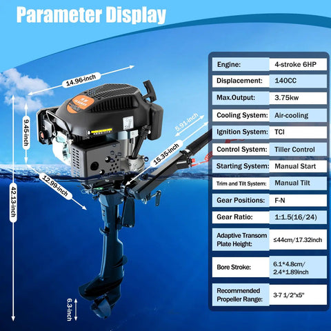 6HP 4-Stroke Outboard Motor For Small Boats, 140cc Short Shaft With Tiller, Air-Cooled, parameter display chart and engine specs