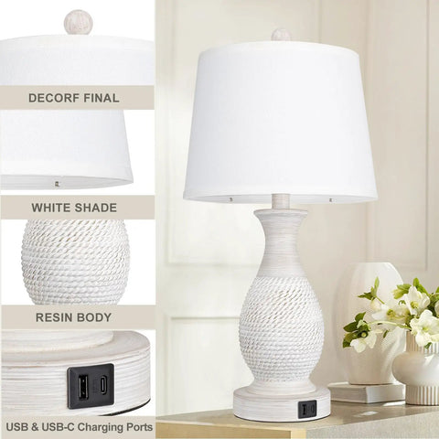 Table Lamps Set Of 2 Bedside Touch Lamps With USB-C And USB-A Charging Ports, white fabric shade, polyresin body