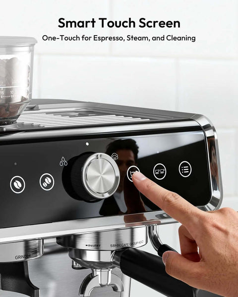 Espresso Machine With Built In Grinder And Milk Frother 20 Bar Coffee Maker For Home Baristas with touchscreen controls.