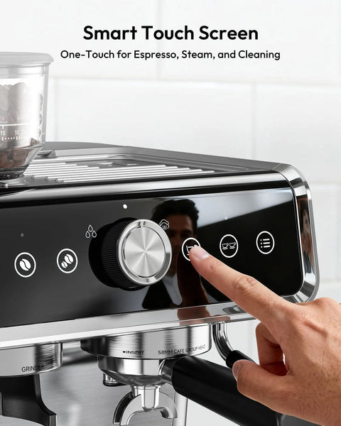 Person using touch screen on Barista Grade Espresso Machine With Built In Grinder For Home Use, 30 Grind Settings, 20 Bar Pressure