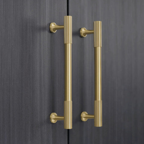 Brushed Gold Modern Kitchen Cabinet Handles Set 5 Pack Solid Brass Drawer Pulls on dark cabinet