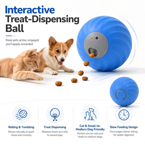 Interactive Smart Puzzle Feeder for Dogs and Cats, blue treat dispenser ball, engaging indoor playtime activity.
