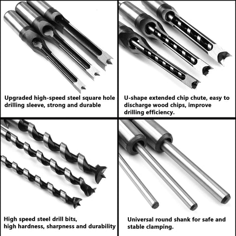 Square Hole Wood Drill Bit Set For Mortises Three Piece HSS Pro Grade Square Mortise Bits Five Sixteenths Inch Three Eighths Inch One Half Inch for Woodworking