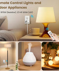 Wireless Remote Control Outlet Kit With 5 Outlets And 2 Remotes controlling lamps and appliances, no interference shown in use.
