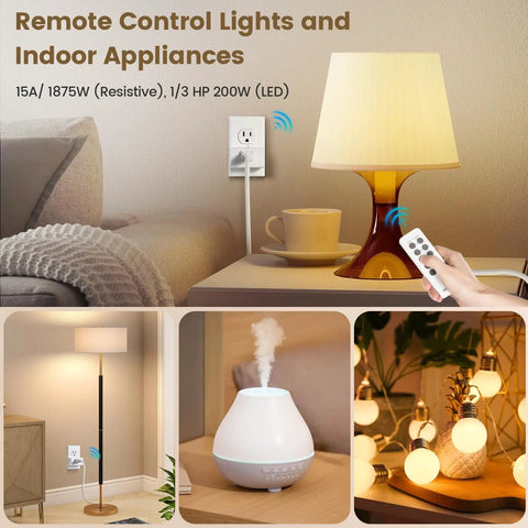 Wireless Remote Control Outlet Kit With 5 Outlets And 2 Remotes controlling lamps and appliances, no interference shown in use.
