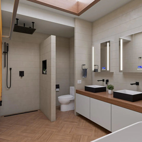HomeStock Black Matte Shower Faucet System with Pressure Balance Valve and Single Lever Handle in modern bathroom setting.