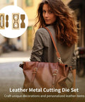 Woman carrying a brown leather bag with inset image of the Two Piece Leather Cutting Dies Set With Pro Grade Versatility For DIY Leather Crafts Includes 4.33 x 0.91 In And 4.65 x 1.61 In Cutting Molds For Keychains Wallets And More.