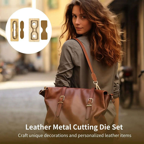 Woman carrying a brown leather bag with inset image of the Two Piece Leather Cutting Dies Set With Pro Grade Versatility For DIY Leather Crafts Includes 4.33 x 0.91 In And 4.65 x 1.61 In Cutting Molds For Keychains Wallets And More.