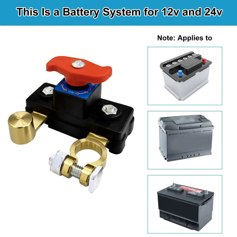 Car Battery Power Cutoff Switch Breaker With Pure Copper High Conductivity for 12V and 24V systems with battery illustrations