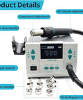 High Power 1000W Hot Air Rework Station With Auto Sleep, 110V Digital LCD Display, showing controls and seven nozzles