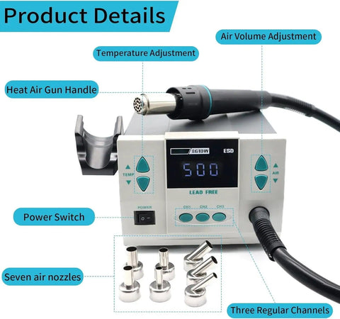 High Power 1000W Hot Air Rework Station With Auto Sleep, 110V Digital LCD Display, showing controls and seven nozzles