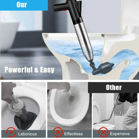 Heavy Duty Air Drain Blaster With Real Time Barometer And Storage Bag, High Pressure Toilet Plunger in action on clogged toilet.