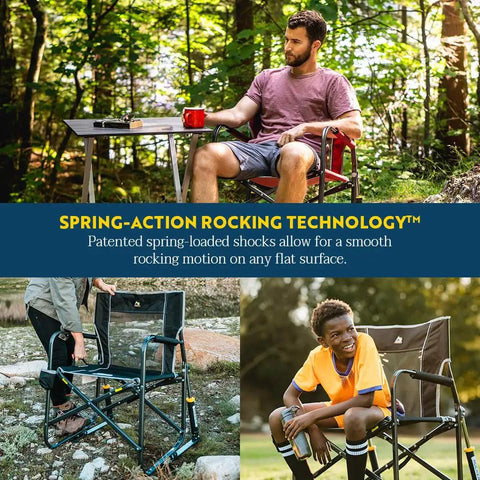 Freestyle Rocker Outdoor Rocking Chair With Beverage Holder shown in campsite and backyard setting
