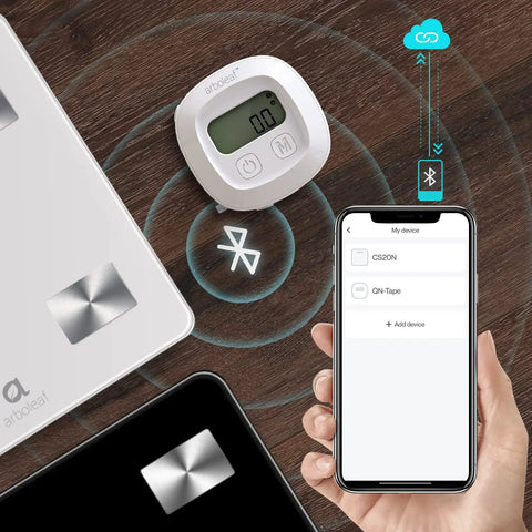Bluetooth Body Tape Measure With App 60 Inch Retractable Locking Tape for accurate measurements displayed on a smartphone screen.