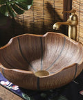 Straight Up Ceramic Vessel Sink Retro Above Counter Bathroom Vanity Washbasin With Pop Up Drain, textured floral design, bronze finish