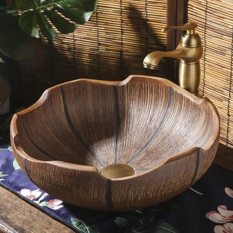 Straight Up Ceramic Vessel Sink Retro Above Counter Bathroom Vanity Washbasin With Pop Up Drain, textured floral design, bronze finish