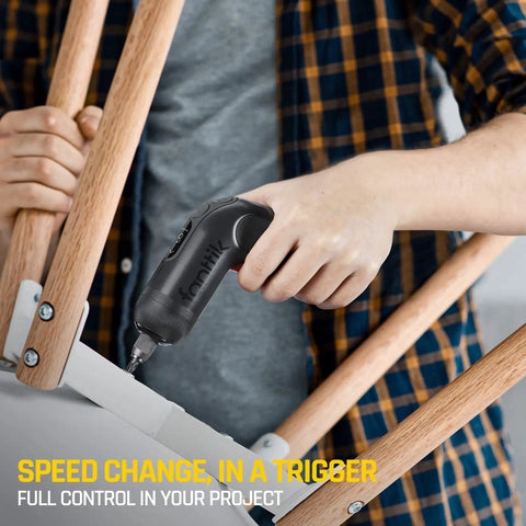 Person using Beast Cordless Screwdriver Kit With 14 Bits, Digital Screen, adjusting wood furniture with adjustable torque
