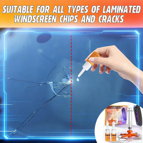 Applying DIY Windshield Chip Repair Kit With Suction Cup And UV Curing Light, nano fluid on cracked glass, 2-pack for chips and cracks