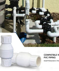 White PVC inline check valve, 3/4 in FIP, for backflow prevention; PVC piping compatible.