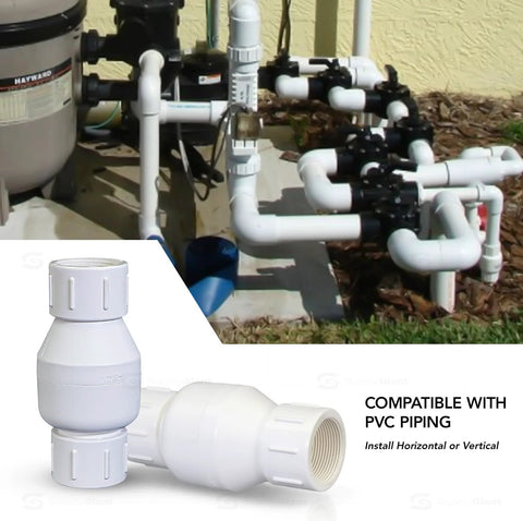 White PVC inline check valve, 3/4 in FIP, for backflow prevention; PVC piping compatible.