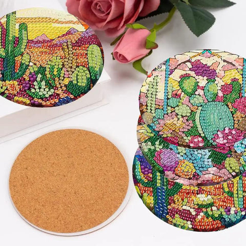 Colorful Cacti Diamond Painting Coaster Set with Holder 8 Piece DIY Art Coasters For Beginners And Grownups 4x4 Inches with floral decor
