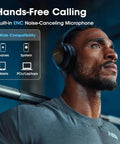 Man wearing over-ear wireless headphones with 80-hour battery life, deep bass EQ, ENC mic, foldable comfort for gym and travel.