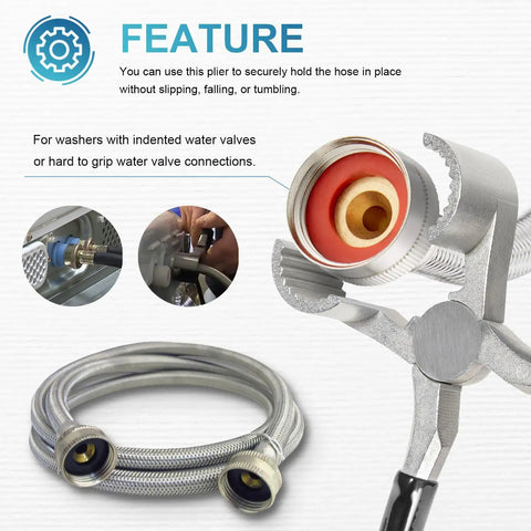 Washer Hose Plier For No Sweat Grip And Tight Seal On Washing Machine Inlet Hoses Universal Fit For Front Load And Top Load Washers With Indented Water Valves And Hard To Reach Hose Connections, silver metal tool holding hose