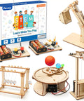 5 In 1 STEM Kit For Kids Ages 8 12 13 Hands On Wooden Building Toys With 3D Puzzles Circuit Experiments Elevator Telegraph Newton Cradle Hydraulic Excavator Sun Earth Moon Model Awesome Gift For Boys And Girls displayed